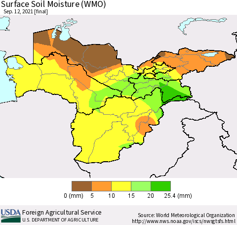 Central Asia Surface Soil Moisture (WMO) Thematic Map For 9/6/2021 - 9/12/2021