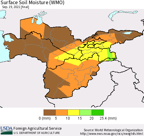 Central Asia Surface Soil Moisture (WMO) Thematic Map For 9/13/2021 - 9/19/2021