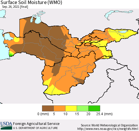 Central Asia Surface Soil Moisture (WMO) Thematic Map For 9/20/2021 - 9/26/2021