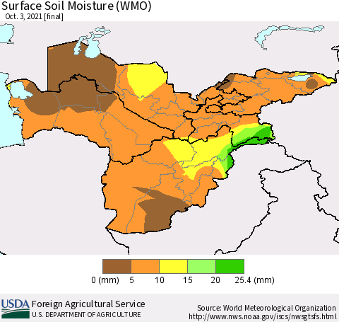 Central Asia Surface Soil Moisture (WMO) Thematic Map For 9/27/2021 - 10/3/2021