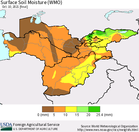 Central Asia Surface Soil Moisture (WMO) Thematic Map For 10/4/2021 - 10/10/2021