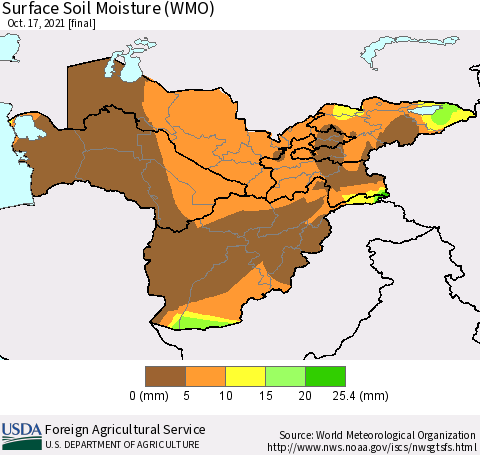 Central Asia Surface Soil Moisture (WMO) Thematic Map For 10/11/2021 - 10/17/2021