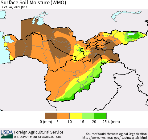 Central Asia Surface Soil Moisture (WMO) Thematic Map For 10/18/2021 - 10/24/2021