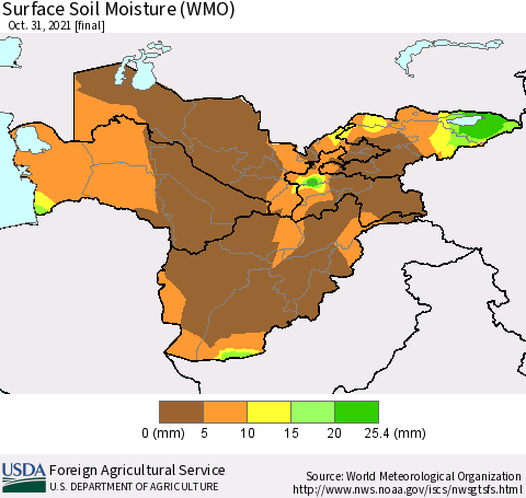 Central Asia Surface Soil Moisture (WMO) Thematic Map For 10/25/2021 - 10/31/2021