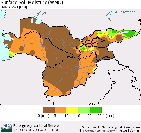 Central Asia Surface Soil Moisture (WMO) Thematic Map For 11/1/2021 - 11/7/2021
