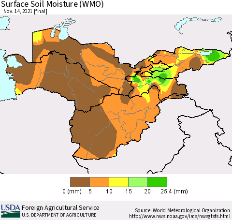 Central Asia Surface Soil Moisture (WMO) Thematic Map For 11/8/2021 - 11/14/2021