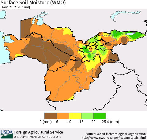 Central Asia Surface Soil Moisture (WMO) Thematic Map For 11/15/2021 - 11/21/2021