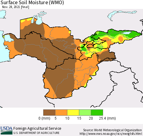 Central Asia Surface Soil Moisture (WMO) Thematic Map For 11/22/2021 - 11/28/2021
