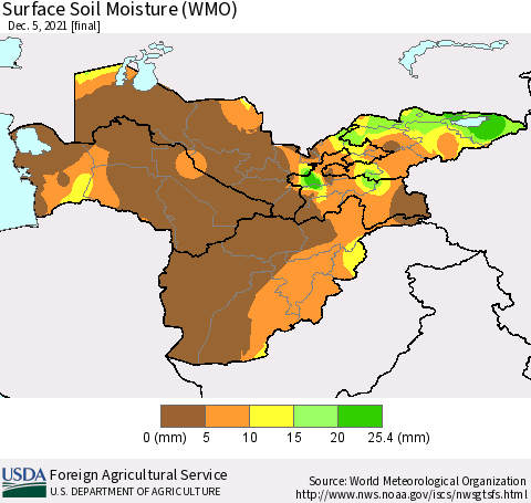 Central Asia Surface Soil Moisture (WMO) Thematic Map For 11/29/2021 - 12/5/2021