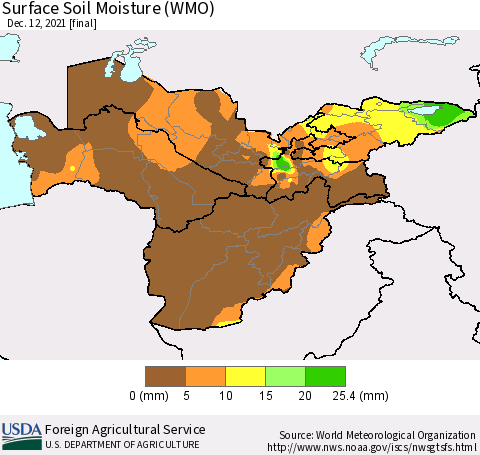 Central Asia Surface Soil Moisture (WMO) Thematic Map For 12/6/2021 - 12/12/2021