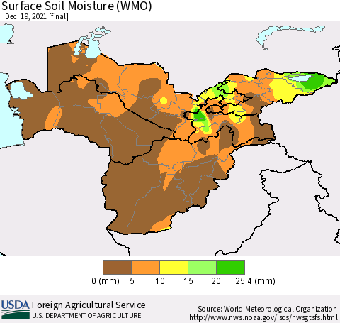 Central Asia Surface Soil Moisture (WMO) Thematic Map For 12/13/2021 - 12/19/2021