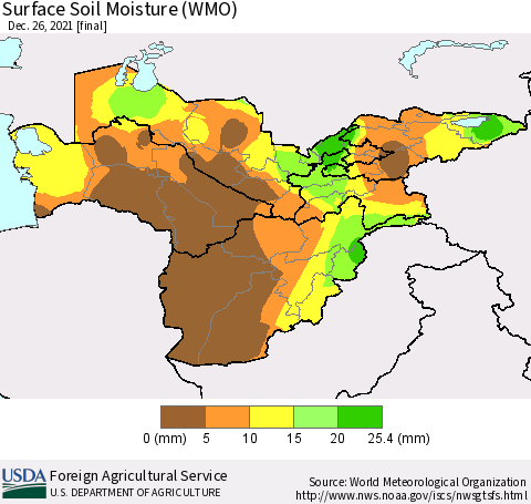 Central Asia Surface Soil Moisture (WMO) Thematic Map For 12/20/2021 - 12/26/2021