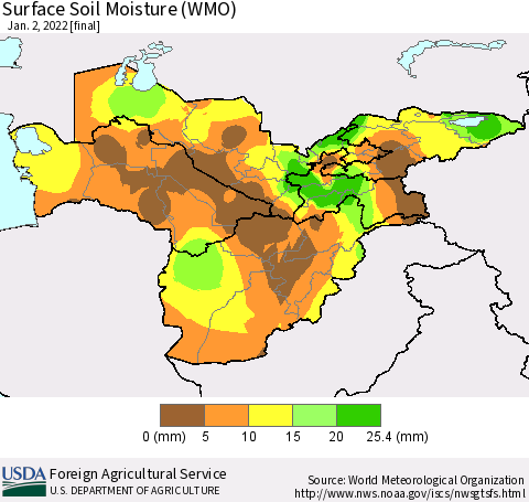 Central Asia Surface Soil Moisture (WMO) Thematic Map For 12/27/2021 - 1/2/2022