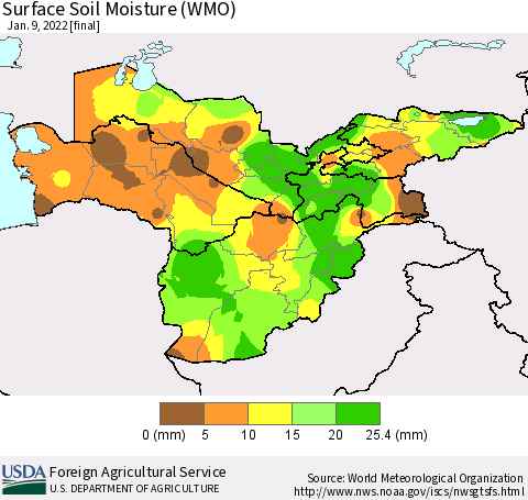 Central Asia Surface Soil Moisture (WMO) Thematic Map For 1/3/2022 - 1/9/2022