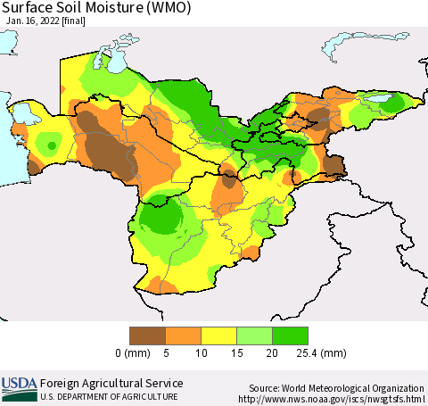 Central Asia Surface Soil Moisture (WMO) Thematic Map For 1/10/2022 - 1/16/2022