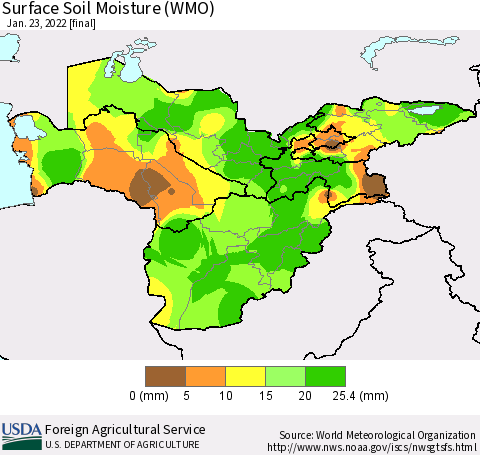 Central Asia Surface Soil Moisture (WMO) Thematic Map For 1/17/2022 - 1/23/2022
