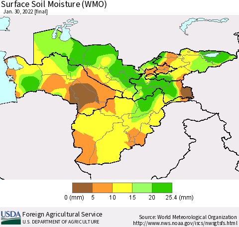 Central Asia Surface Soil Moisture (WMO) Thematic Map For 1/24/2022 - 1/30/2022