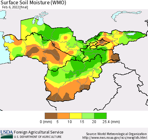 Central Asia Surface Soil Moisture (WMO) Thematic Map For 1/31/2022 - 2/6/2022