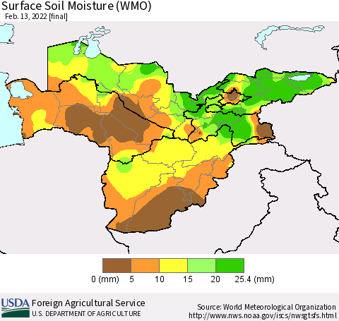 Central Asia Surface Soil Moisture (WMO) Thematic Map For 2/7/2022 - 2/13/2022