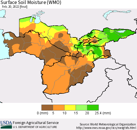 Central Asia Surface Soil Moisture (WMO) Thematic Map For 2/14/2022 - 2/20/2022