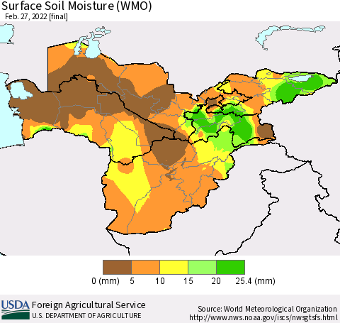 Central Asia Surface Soil Moisture (WMO) Thematic Map For 2/21/2022 - 2/27/2022