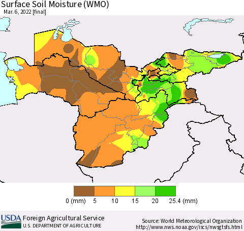 Central Asia Surface Soil Moisture (WMO) Thematic Map For 2/28/2022 - 3/6/2022