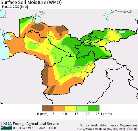 Central Asia Surface Soil Moisture (WMO) Thematic Map For 3/7/2022 - 3/13/2022