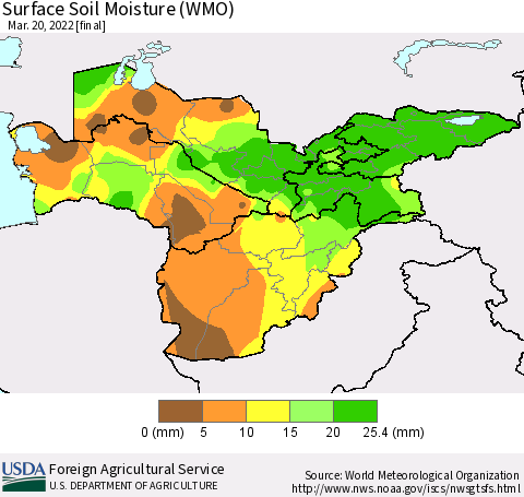 Central Asia Surface Soil Moisture (WMO) Thematic Map For 3/14/2022 - 3/20/2022