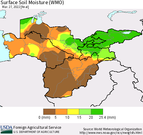 Central Asia Surface Soil Moisture (WMO) Thematic Map For 3/21/2022 - 3/27/2022