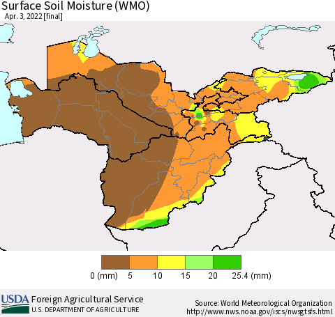 Central Asia Surface Soil Moisture (WMO) Thematic Map For 3/28/2022 - 4/3/2022