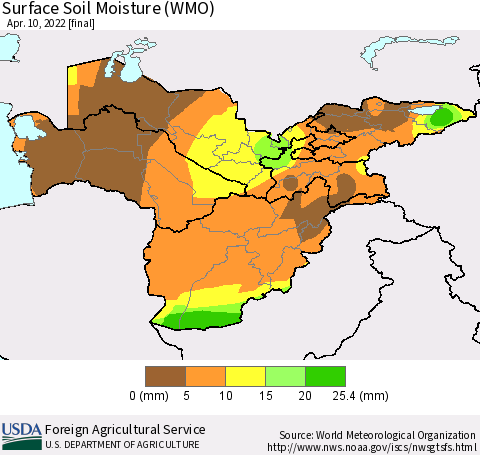 Central Asia Surface Soil Moisture (WMO) Thematic Map For 4/4/2022 - 4/10/2022