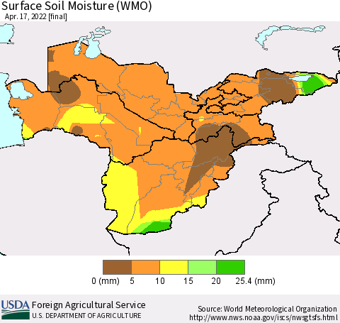 Central Asia Surface Soil Moisture (WMO) Thematic Map For 4/11/2022 - 4/17/2022