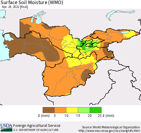 Central Asia Surface Soil Moisture (WMO) Thematic Map For 4/18/2022 - 4/24/2022