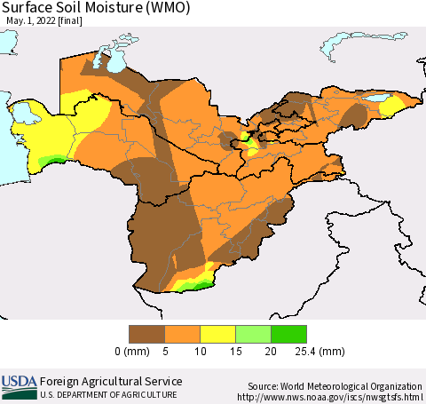 Central Asia Surface Soil Moisture (WMO) Thematic Map For 4/25/2022 - 5/1/2022