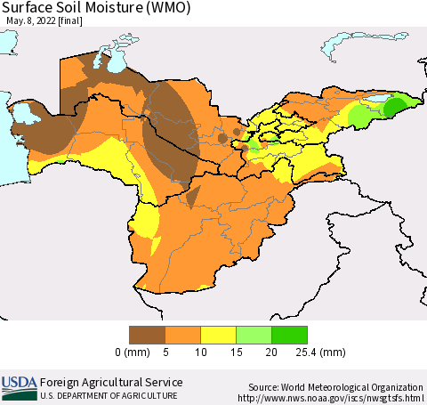 Central Asia Surface Soil Moisture (WMO) Thematic Map For 5/2/2022 - 5/8/2022