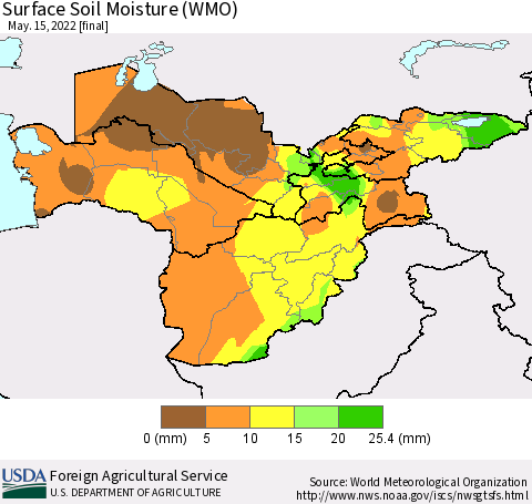 Central Asia Surface Soil Moisture (WMO) Thematic Map For 5/9/2022 - 5/15/2022