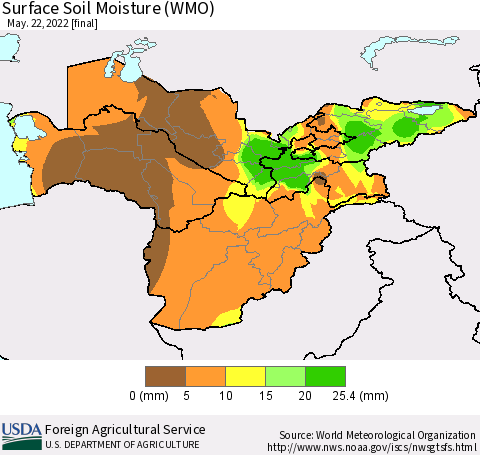 Central Asia Surface Soil Moisture (WMO) Thematic Map For 5/16/2022 - 5/22/2022