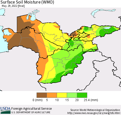 Central Asia Surface Soil Moisture (WMO) Thematic Map For 5/23/2022 - 5/29/2022