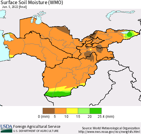 Central Asia Surface Soil Moisture (WMO) Thematic Map For 5/30/2022 - 6/5/2022