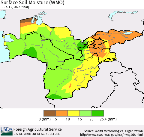 Central Asia Surface Soil Moisture (WMO) Thematic Map For 6/6/2022 - 6/12/2022