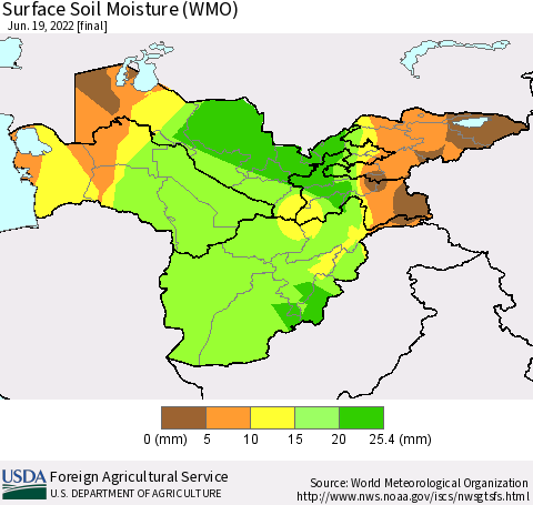 Central Asia Surface Soil Moisture (WMO) Thematic Map For 6/13/2022 - 6/19/2022