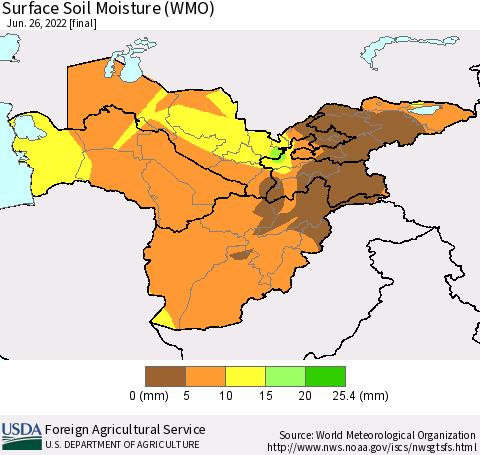 Central Asia Surface Soil Moisture (WMO) Thematic Map For 6/20/2022 - 6/26/2022