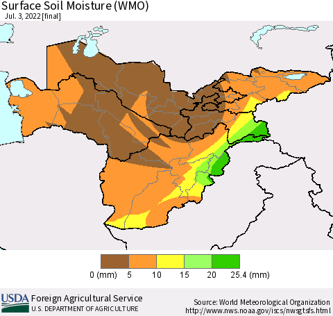 Central Asia Surface Soil Moisture (WMO) Thematic Map For 6/27/2022 - 7/3/2022