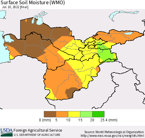 Central Asia Surface Soil Moisture (WMO) Thematic Map For 7/4/2022 - 7/10/2022