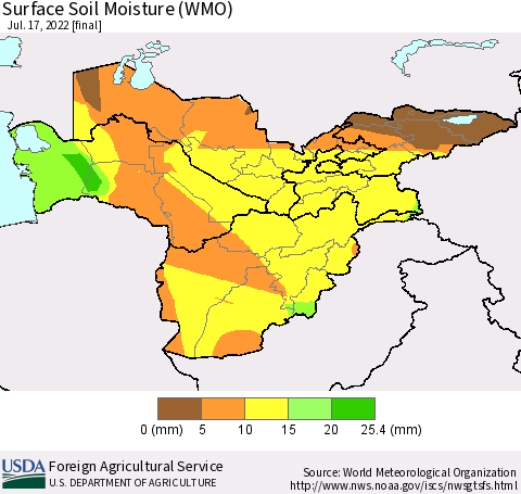 Central Asia Surface Soil Moisture (WMO) Thematic Map For 7/11/2022 - 7/17/2022