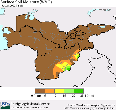 Central Asia Surface Soil Moisture (WMO) Thematic Map For 7/18/2022 - 7/24/2022
