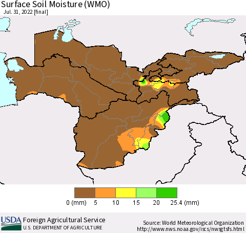 Central Asia Surface Soil Moisture (WMO) Thematic Map For 7/25/2022 - 7/31/2022