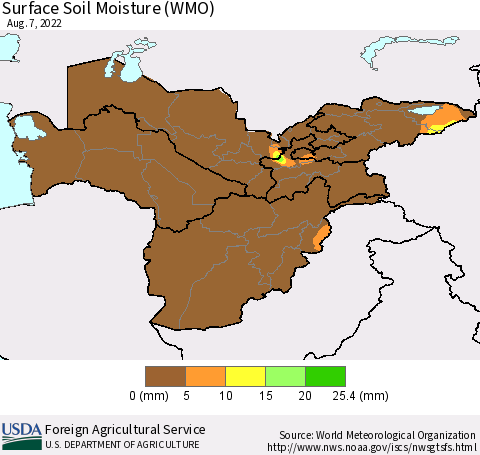 Central Asia Surface Soil Moisture (WMO) Thematic Map For 8/1/2022 - 8/7/2022