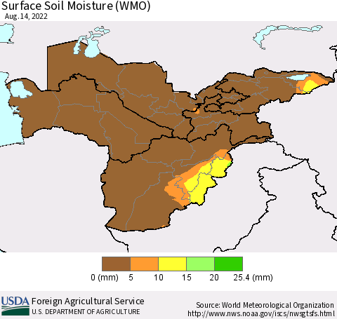 Central Asia Surface Soil Moisture (WMO) Thematic Map For 8/8/2022 - 8/14/2022