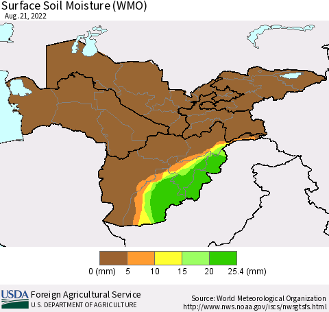 Central Asia Surface Soil Moisture (WMO) Thematic Map For 8/15/2022 - 8/21/2022